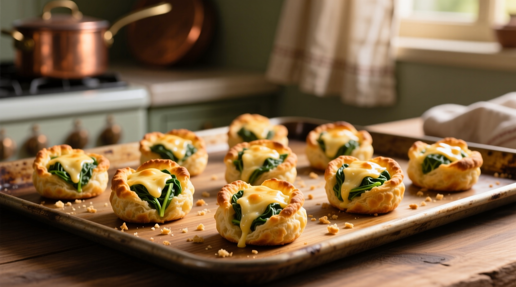 Golden spinach cheese puffs arranged on baking sheet