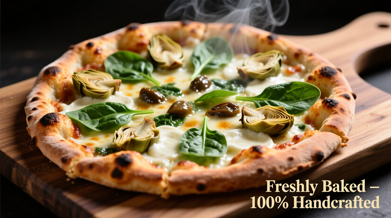 Perfectly baked spinach and artichoke pizza with golden crust