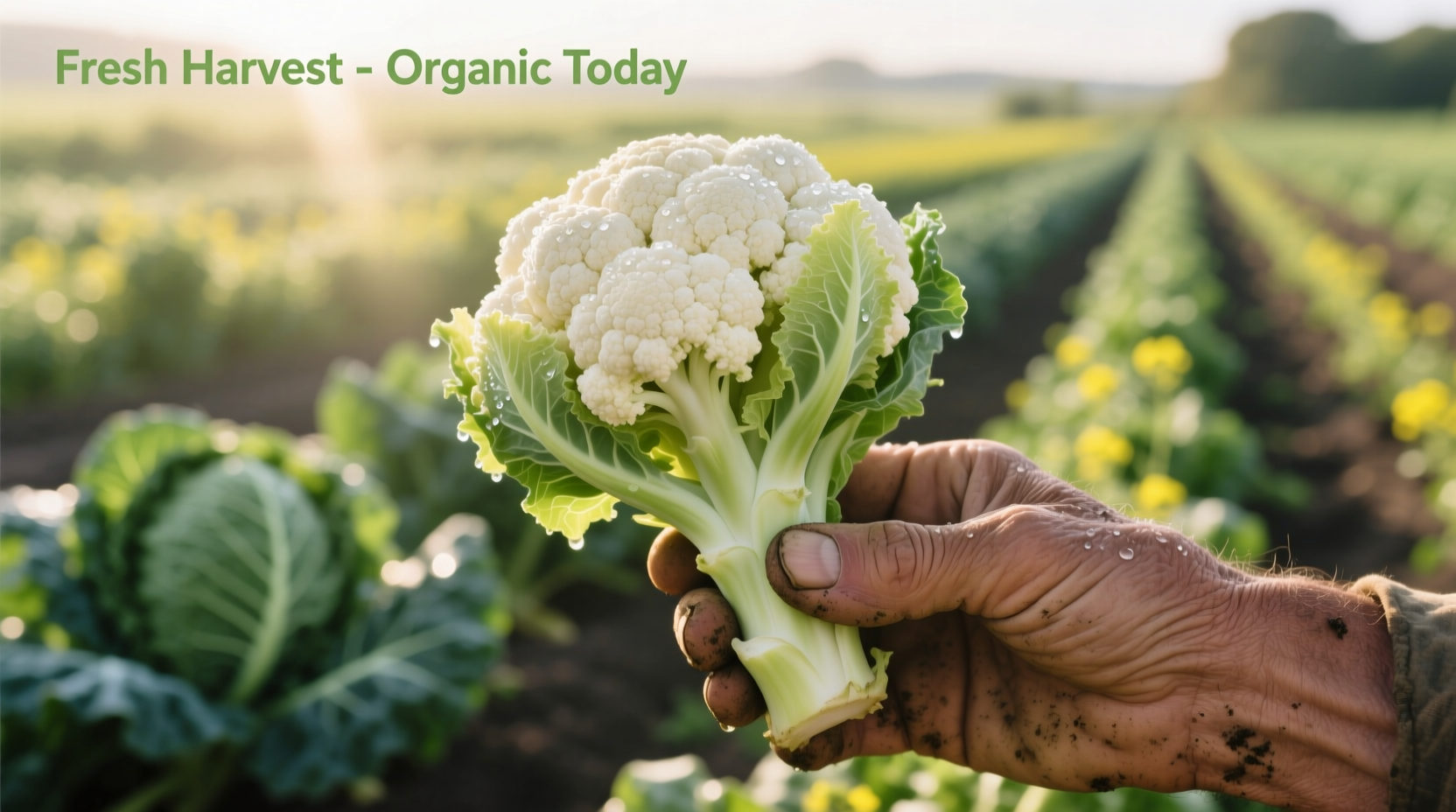 Close-up of hand harvesting fresh cauliflower