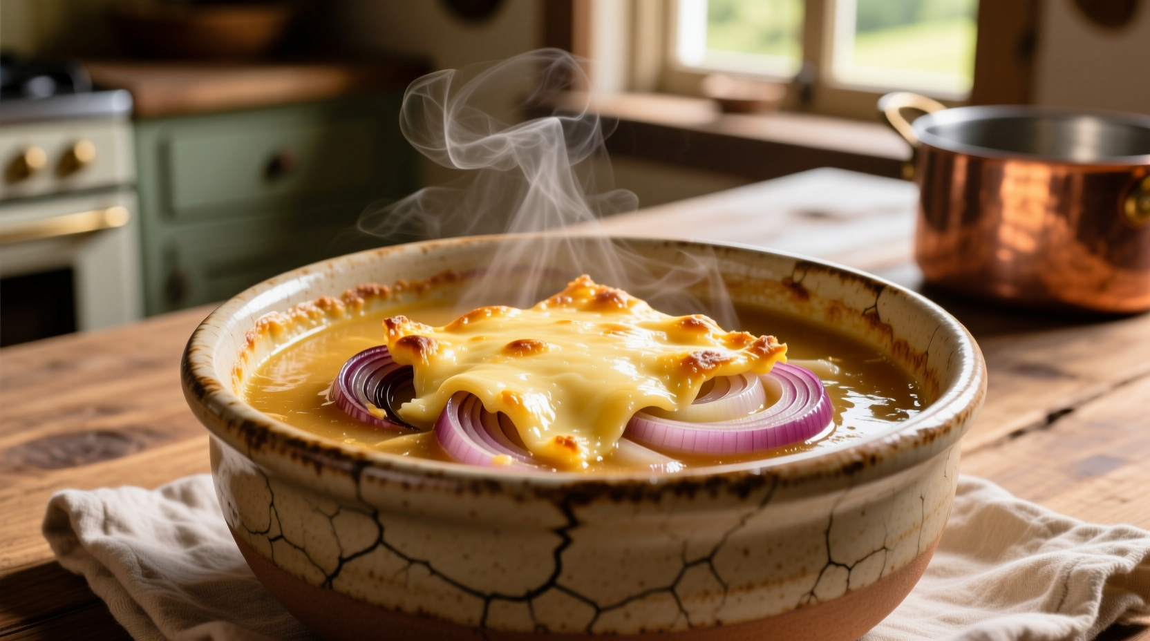 Beefy French onion soup in ceramic bowl with melted cheese