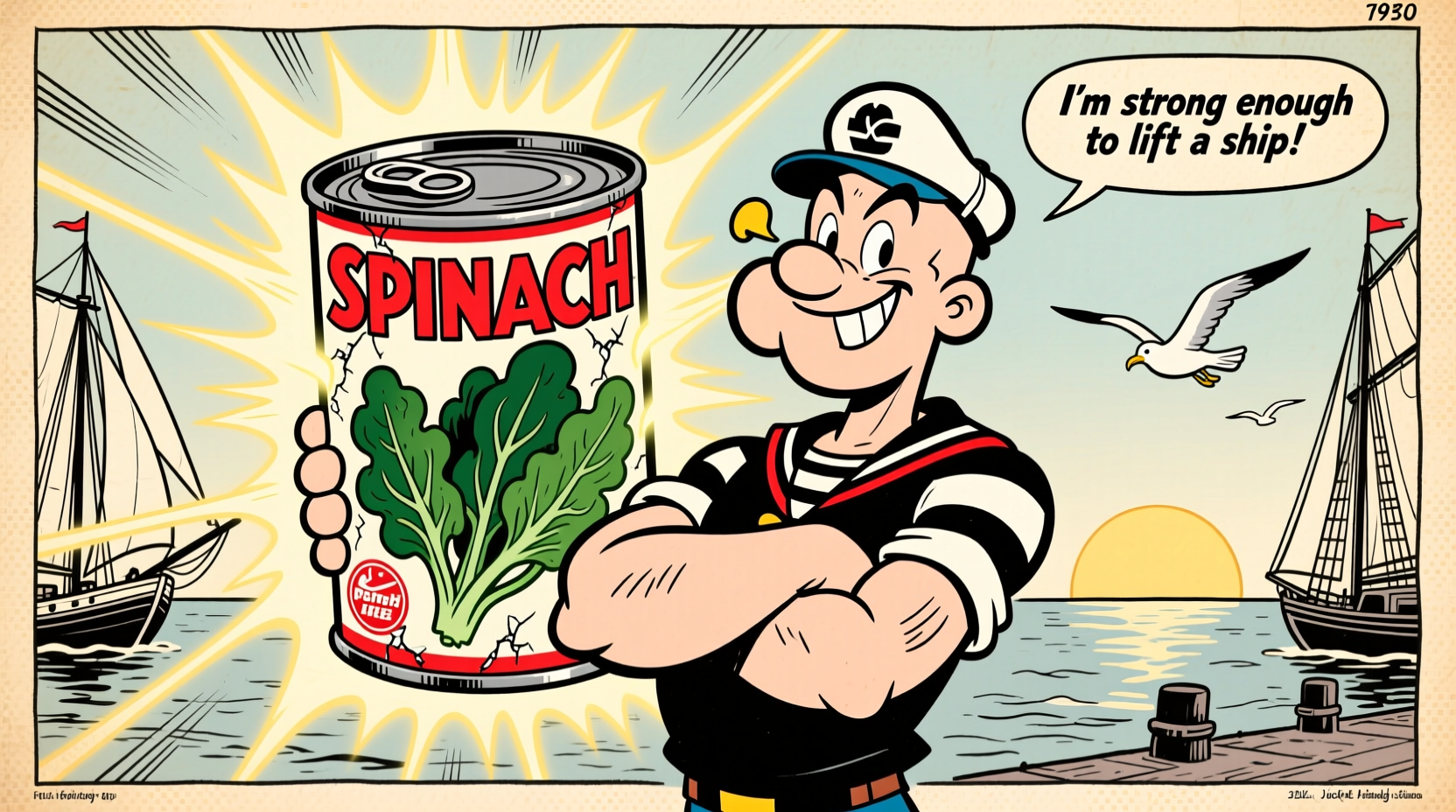 Vintage Popeye comic showing spinach can