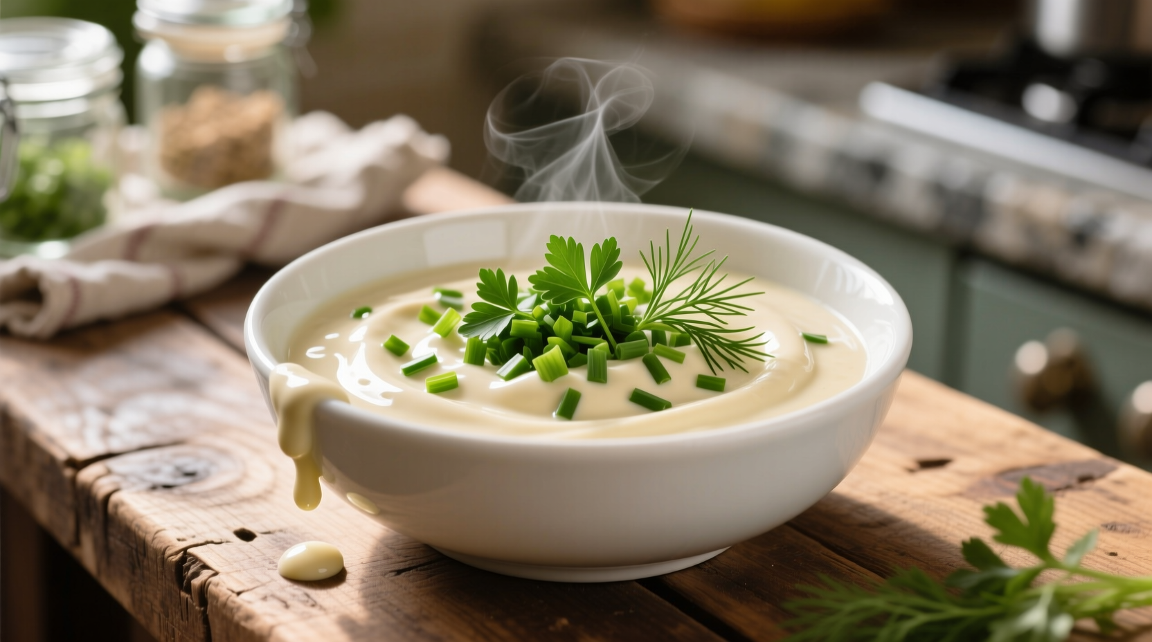 Creamy garlic sauce in white bowl with fresh herbs