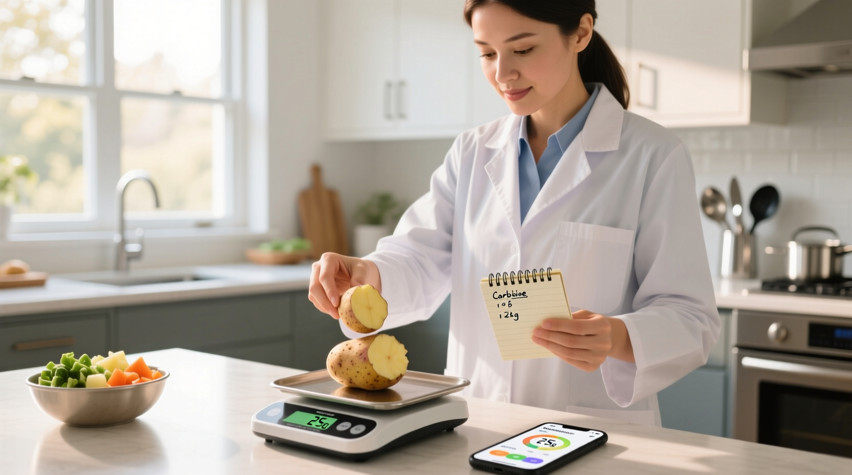 Nutritionist measuring potato portions for carb counting
