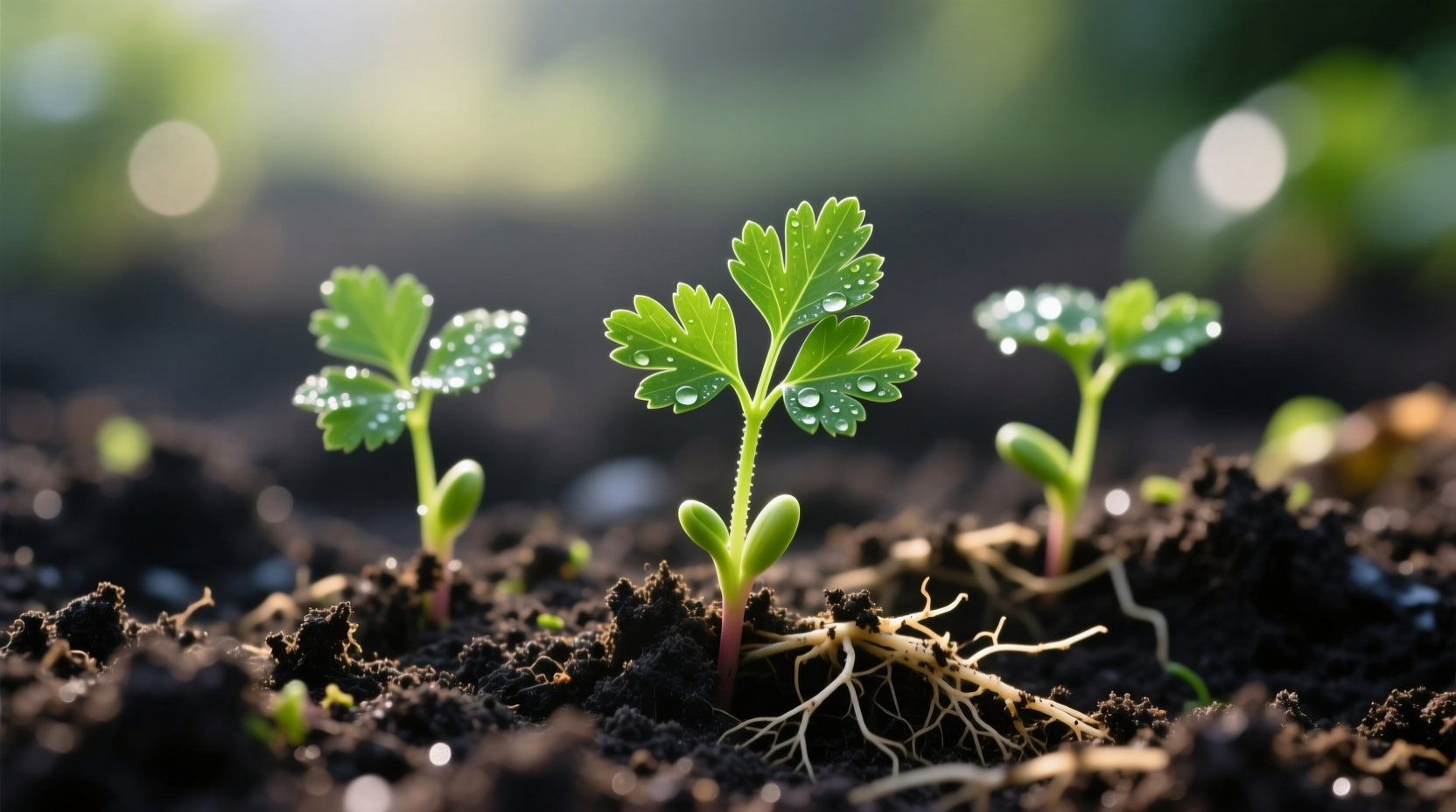 Close-up of parsley seedlings in garden soil