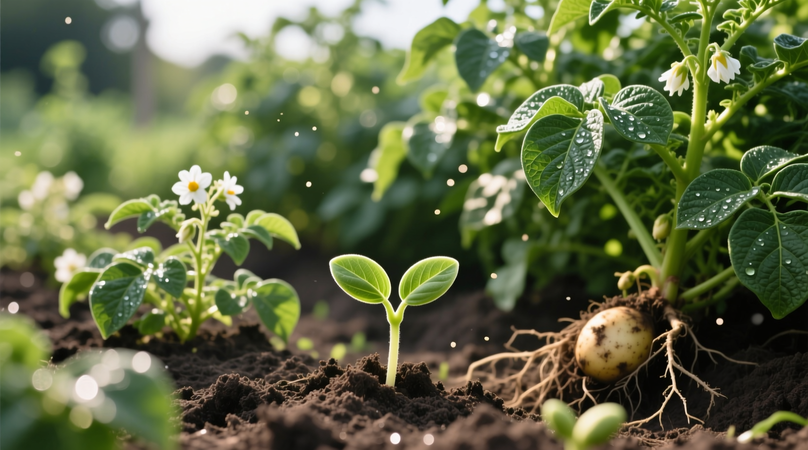 Potato plants at different growth stages in garden