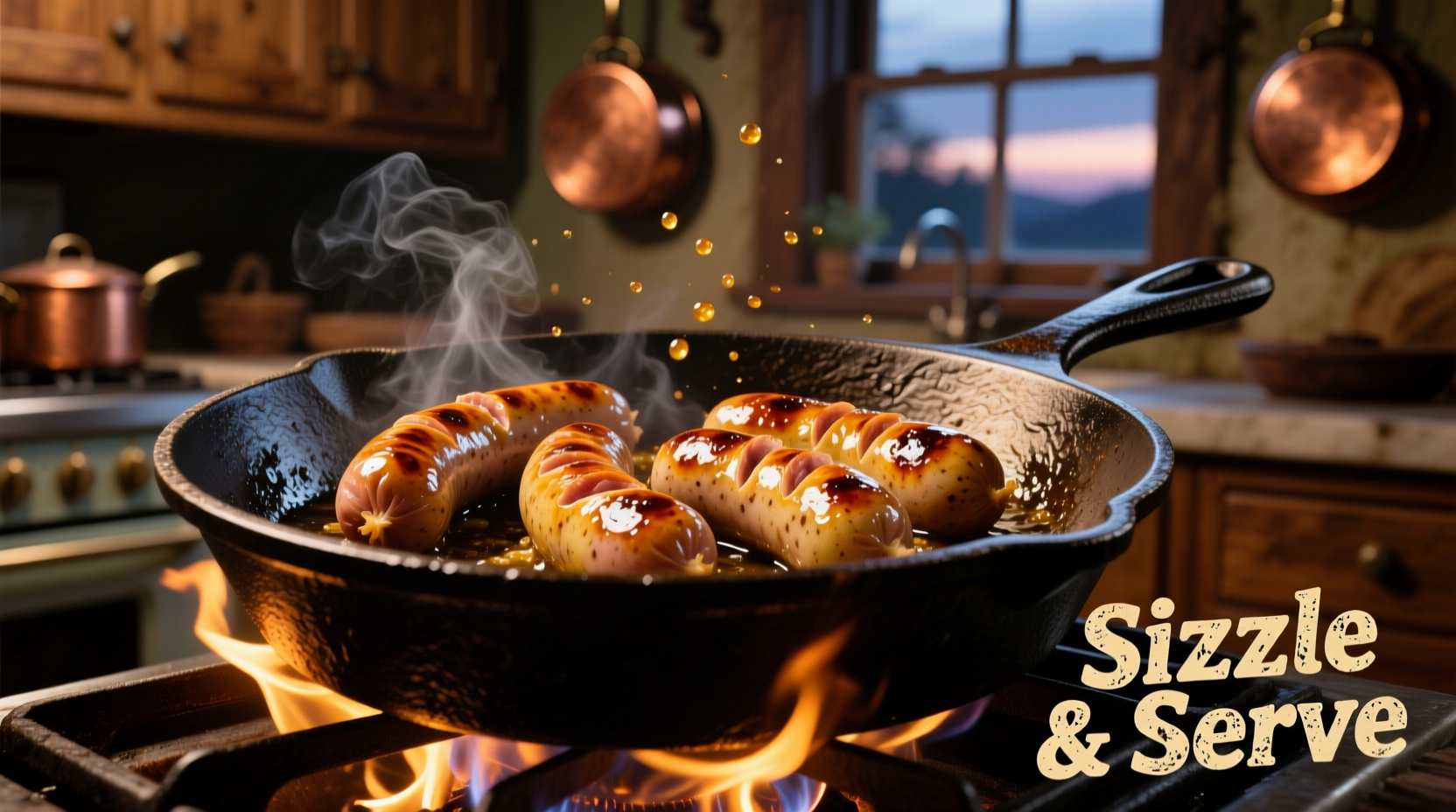 Golden brown potato sausages sizzling in cast iron skillet
