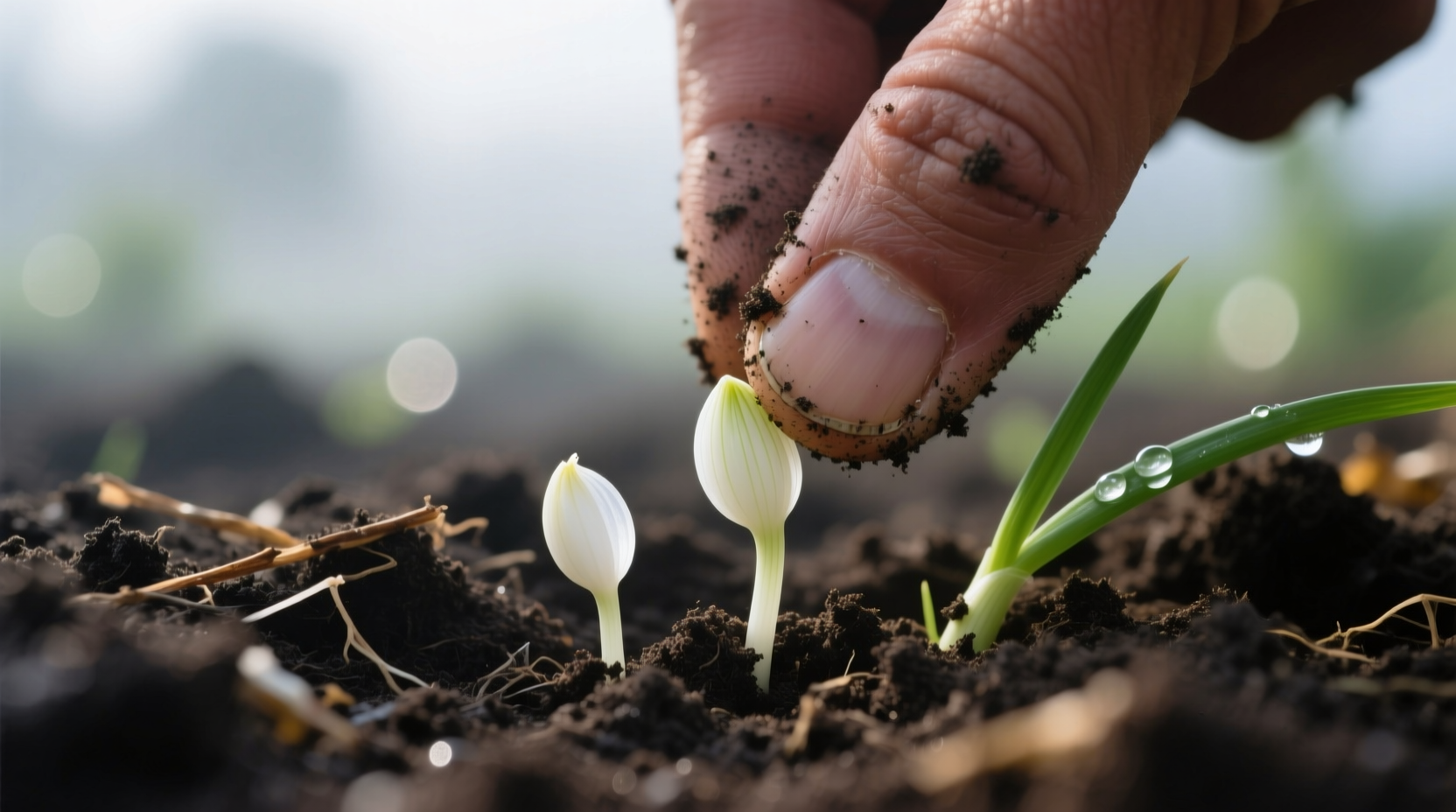 Close-up of spring onion seeds being planted in garden soil