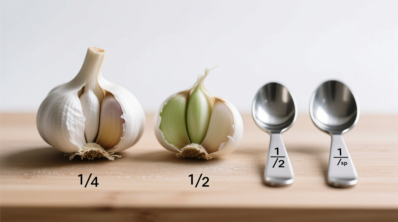 Fresh garlic cloves beside measuring spoons demonstrating teaspoon conversion measurements