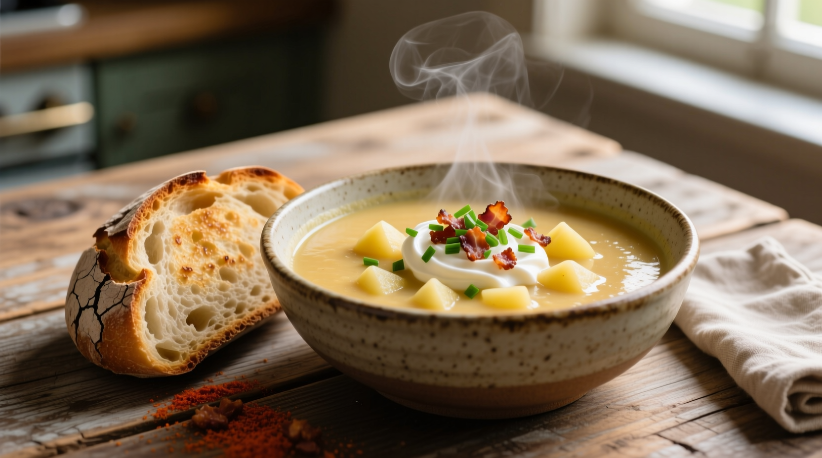 Potato soup with crusty bread and garnishes