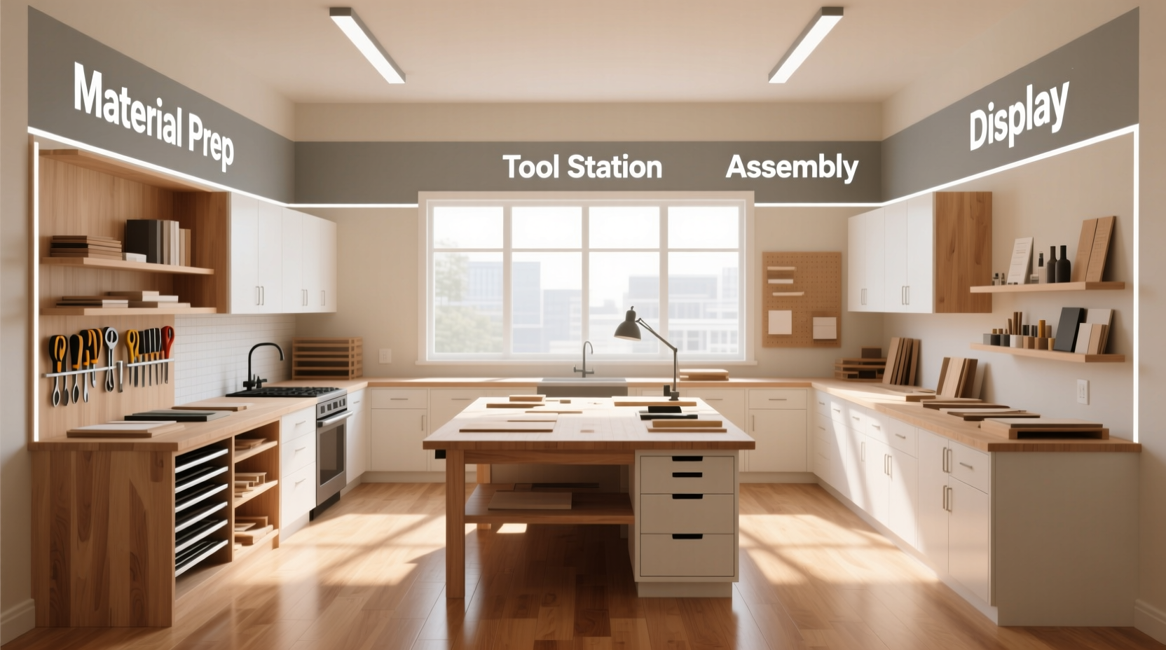 Crafting room layout with labeled workflow zones