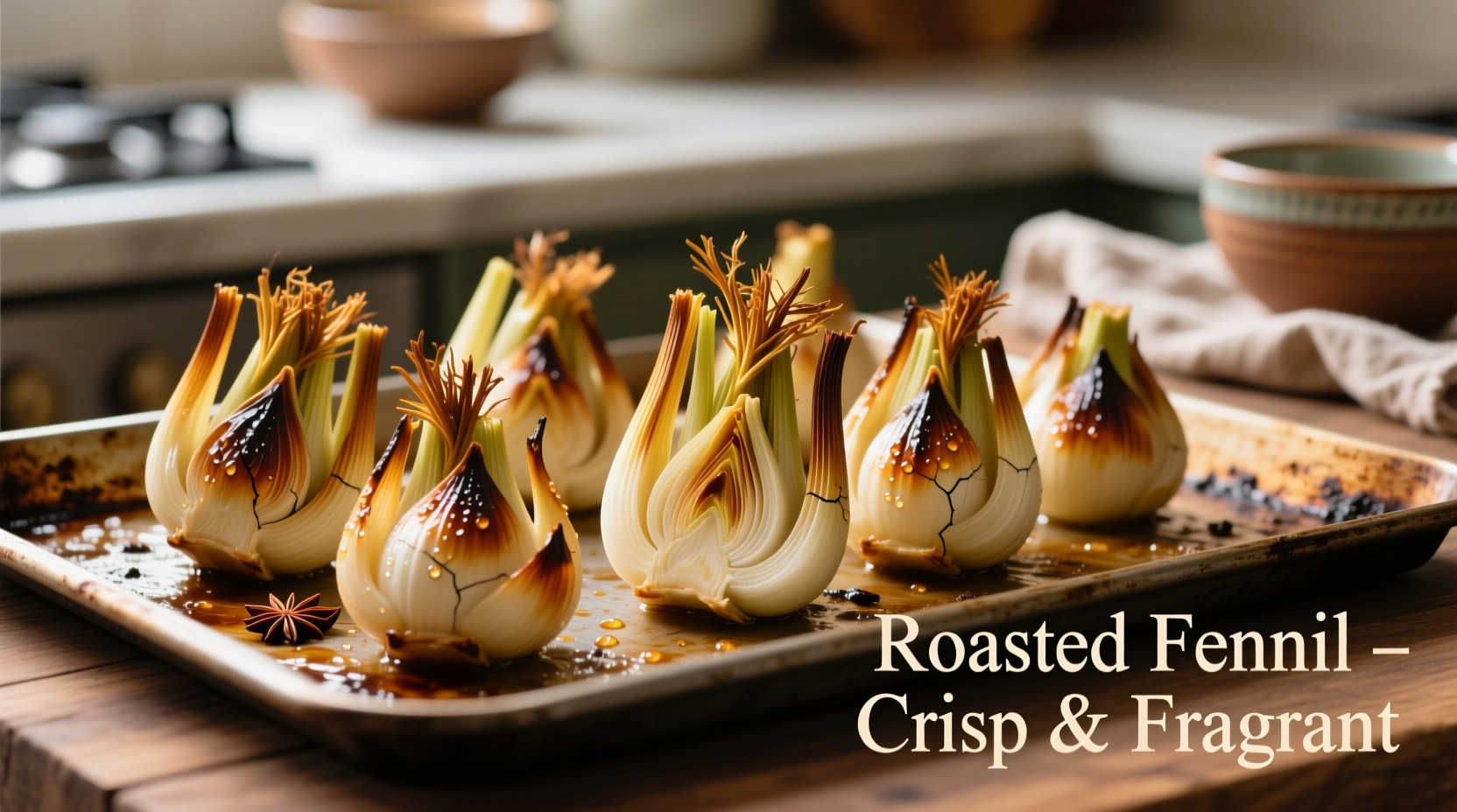 Roasted fennel bulbs on baking sheet