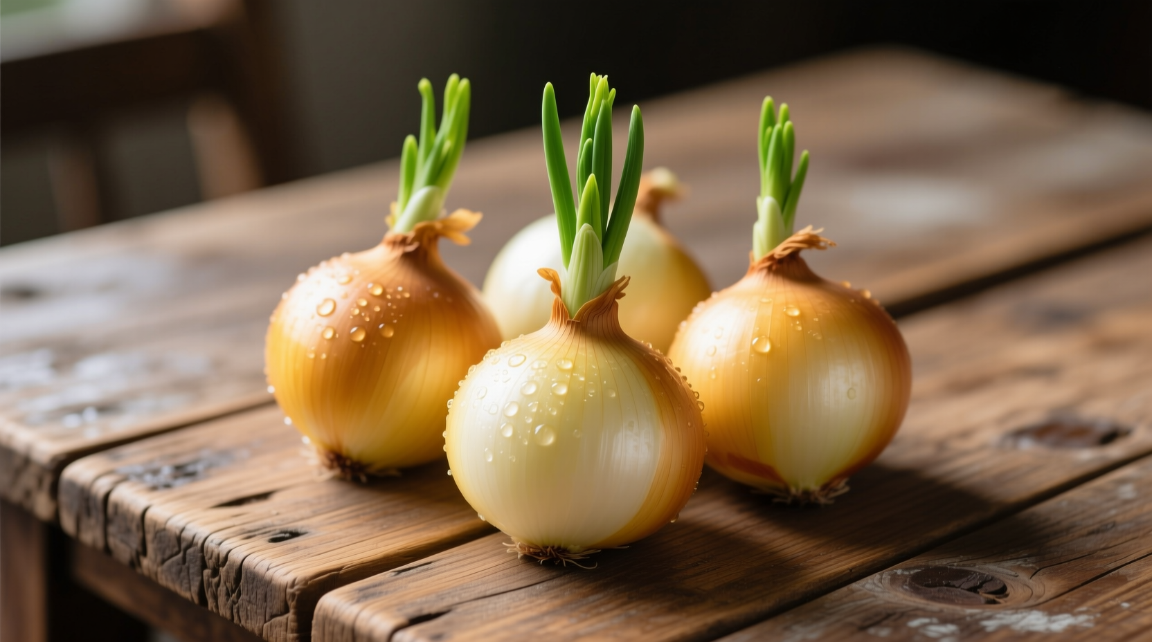 Fresh yellow onions with green shoots on wooden table