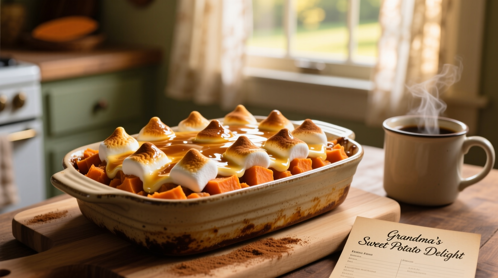 Golden-brown sweet potato marshmallow casserole in baking dish