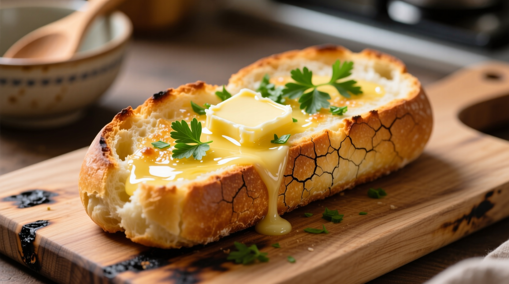 Golden air fryer garlic bread with melted butter