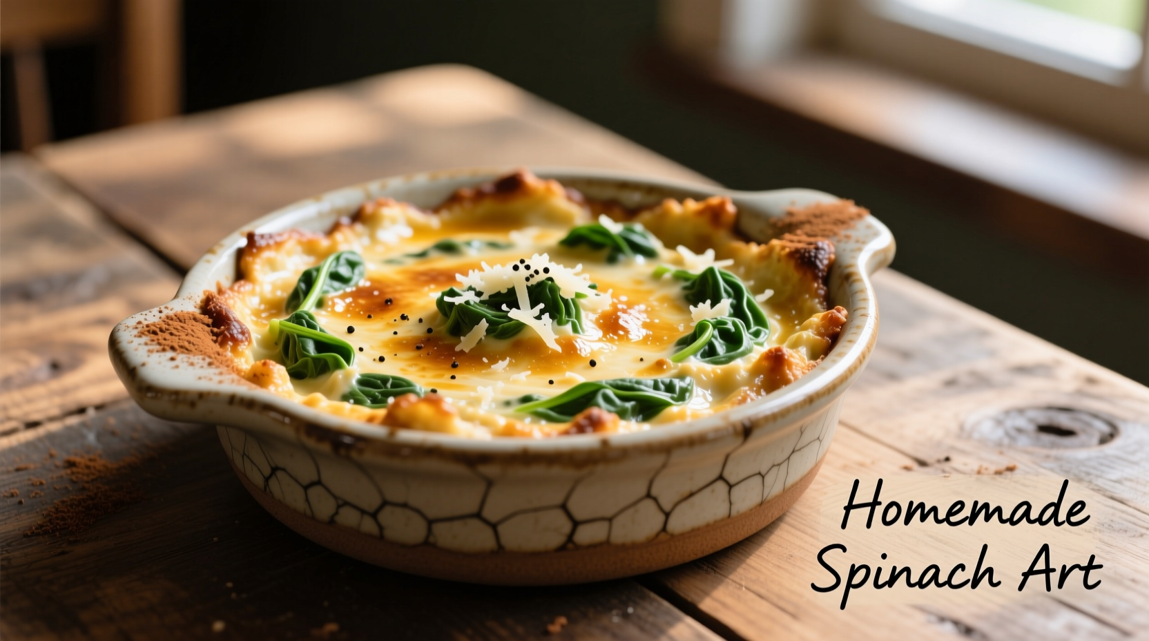 Golden spinach parmesan dip in ceramic dish