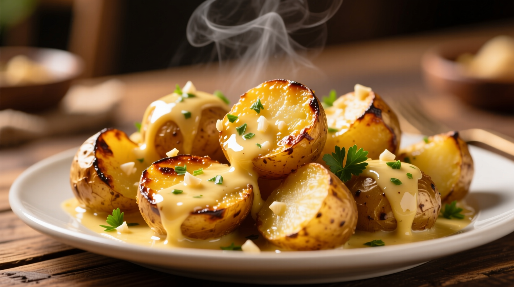Golden potatoes glistening with garlic butter sauce