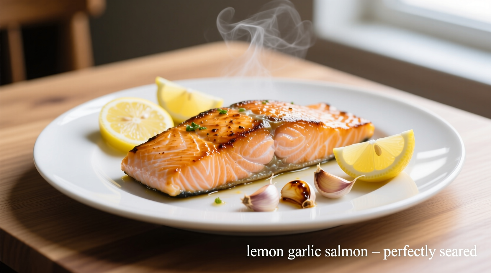 Perfectly cooked lemon garlic salmon on white plate