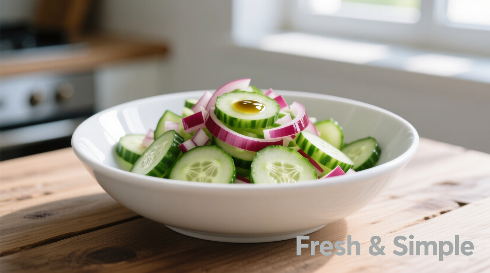 Fresh cucumber and onion salad in white bowl