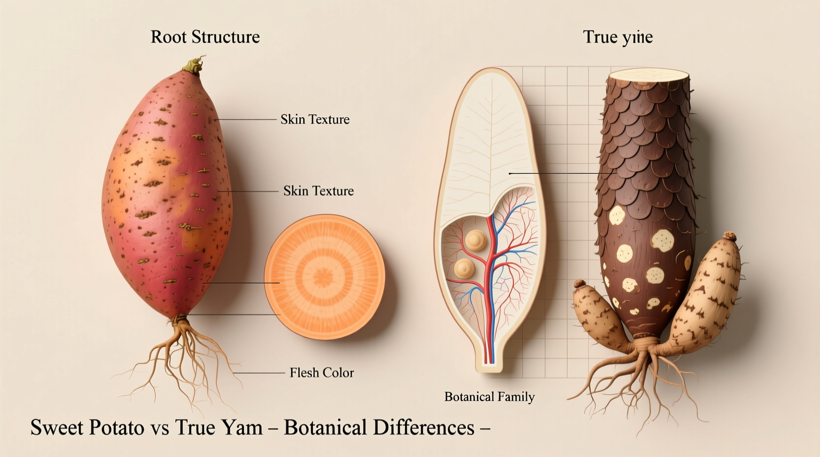 Side-by-side comparison of sweet potato and true yam