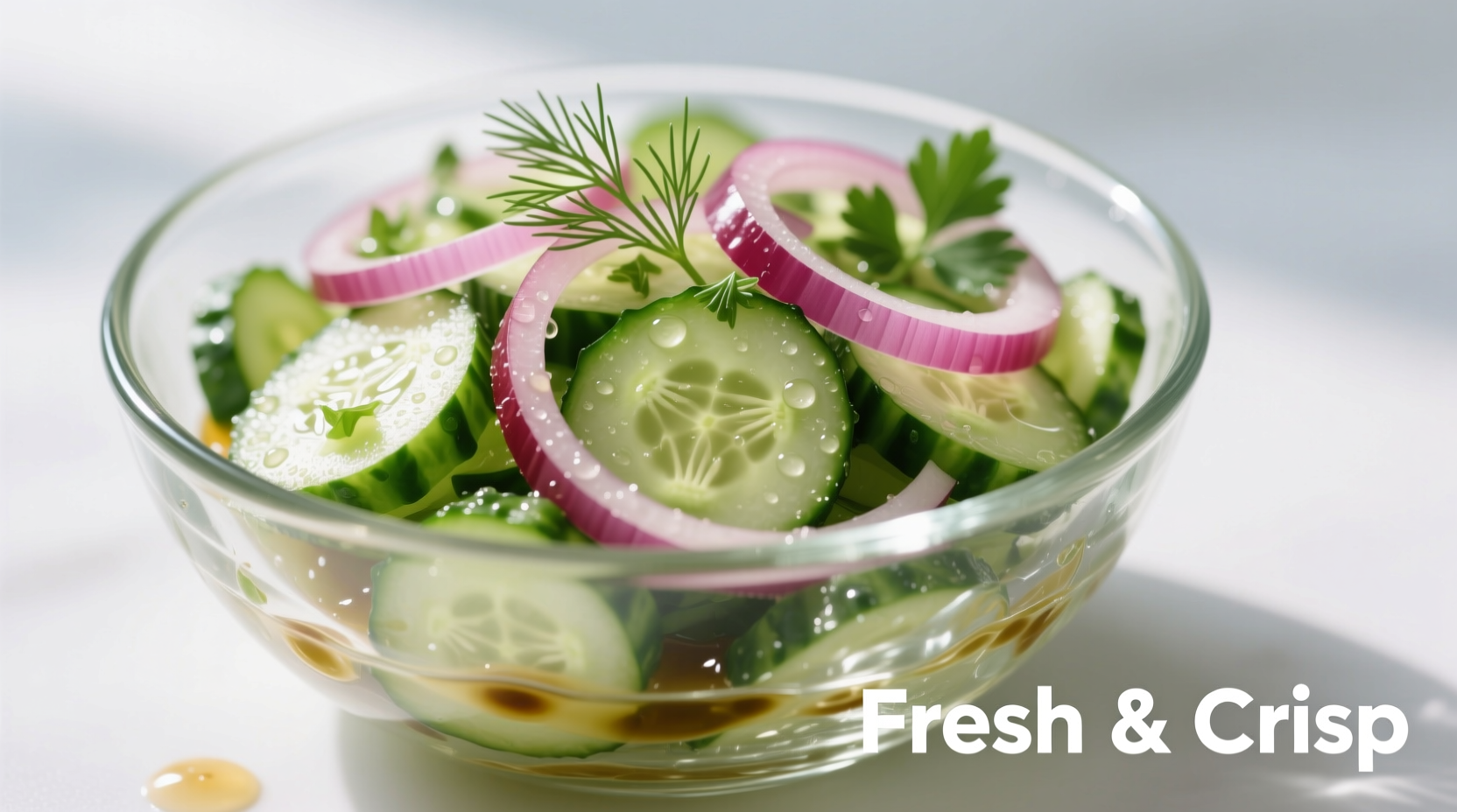 Crisp cucumber salad with red onion in glass bowl