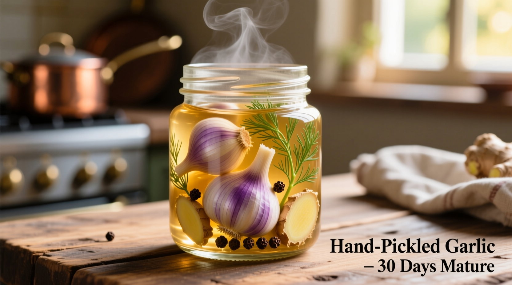 Close-up of pickled garlic cloves in glass jar with herbs