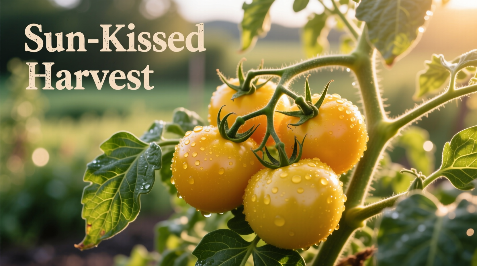 Golden yellow tomatoes on vine with green leaves