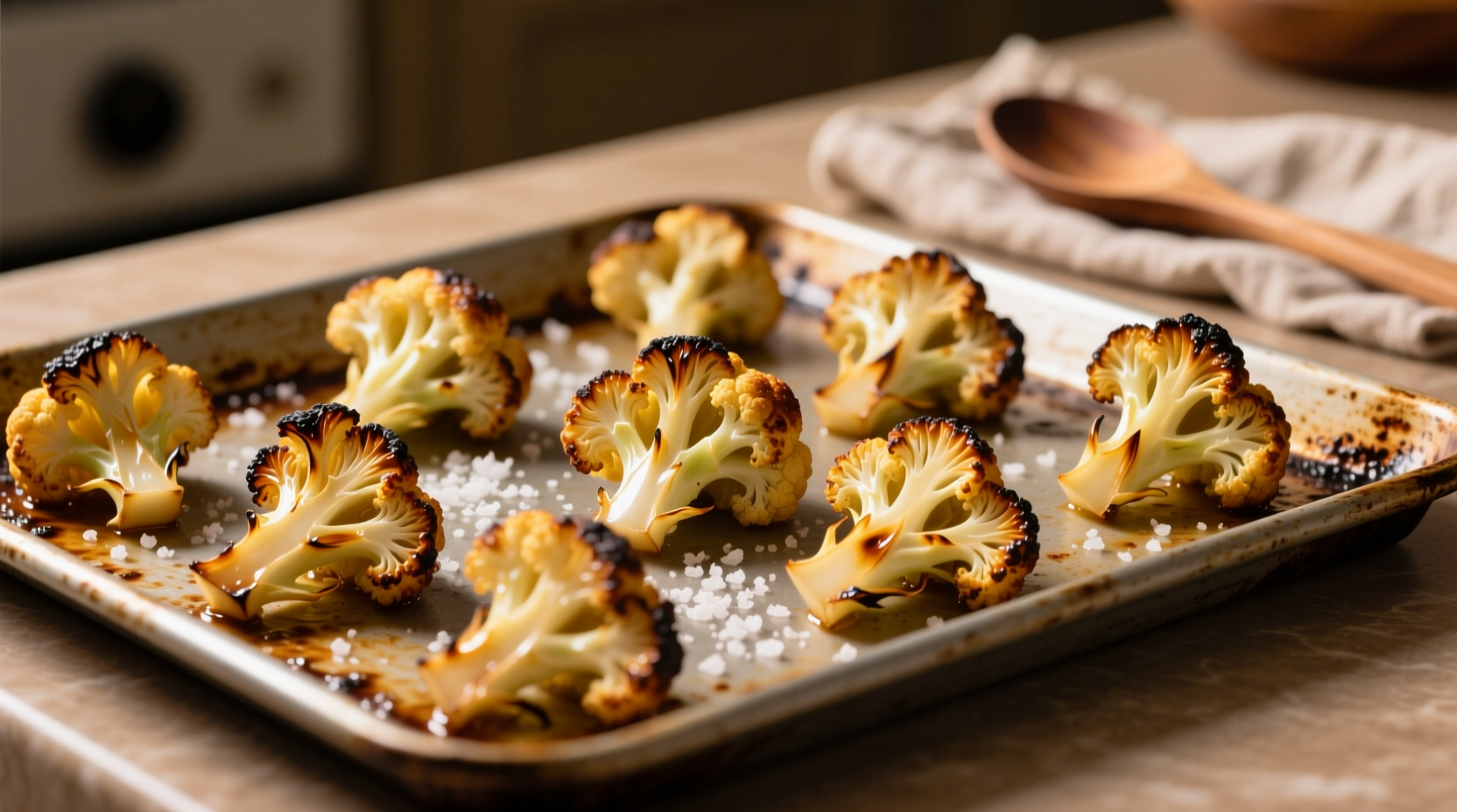 Golden roasted cauliflower florets on baking sheet