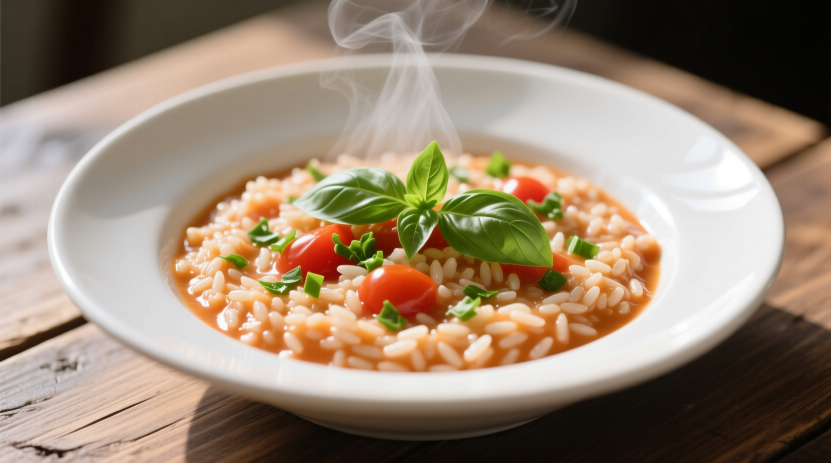 Creamy tomato risotto in white bowl with basil garnish
