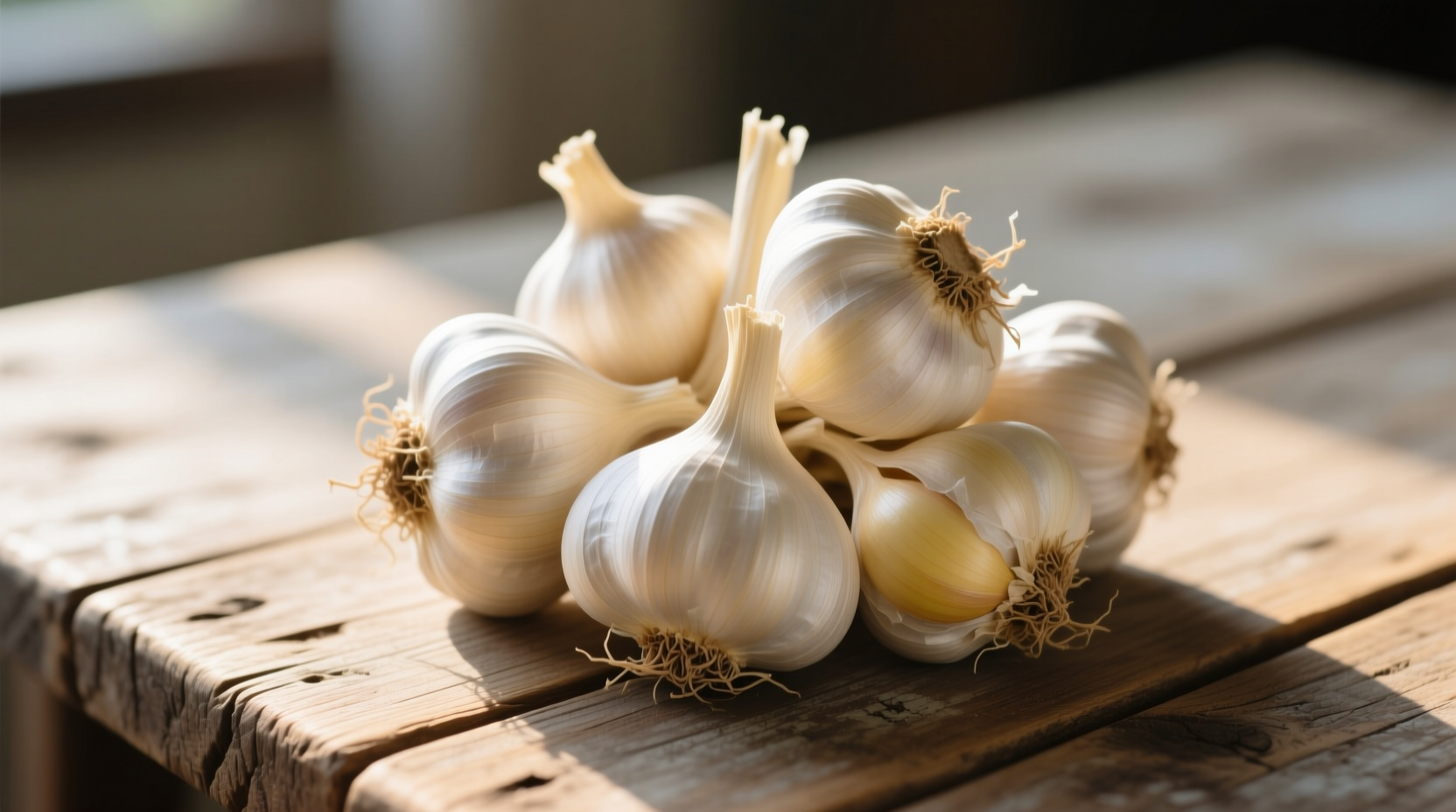 Fresh garlic bulbs with papery skin on wooden table
