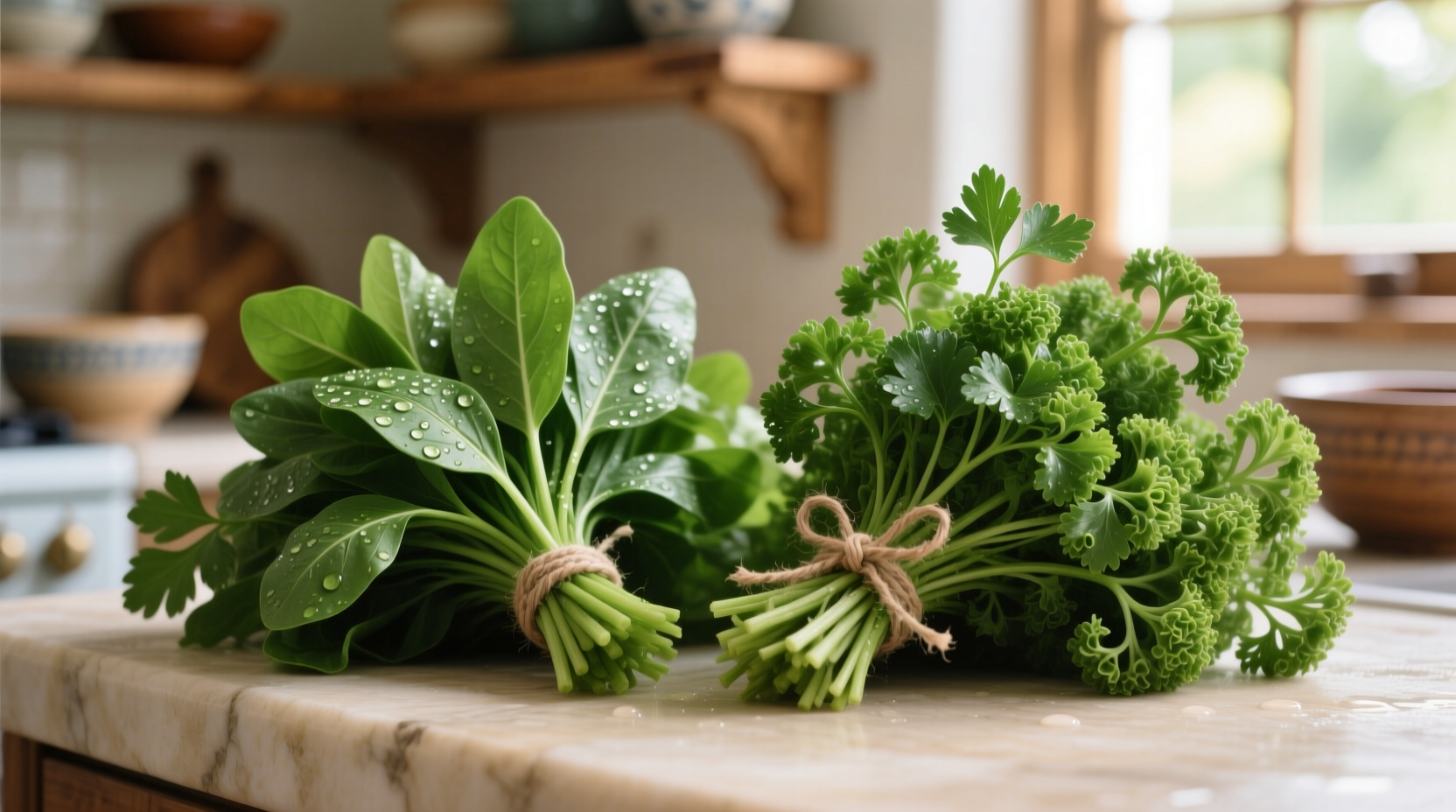 Fresh bunches of flat-leaf and curly parsley side by side