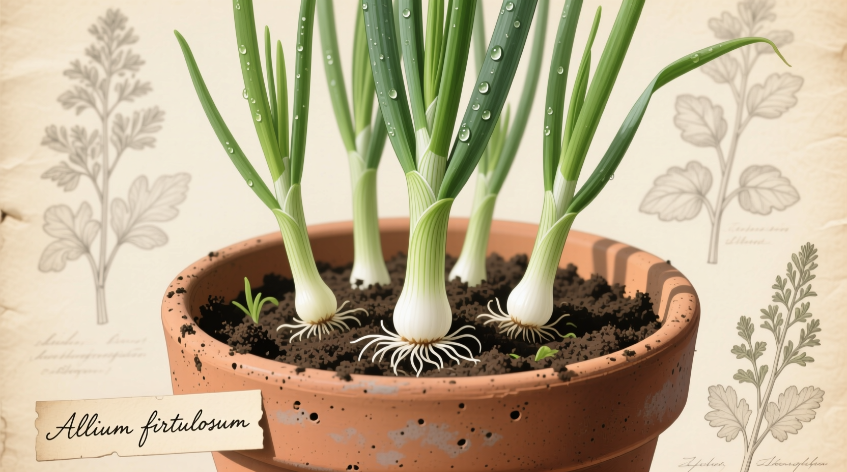 Green onions growing in soil container