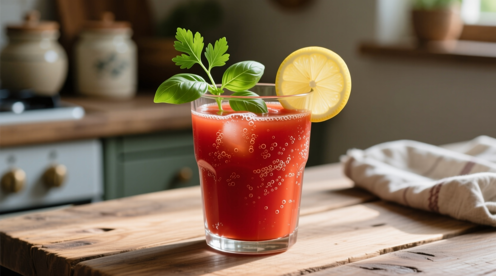 Fresh tomato juice in glass with herbs