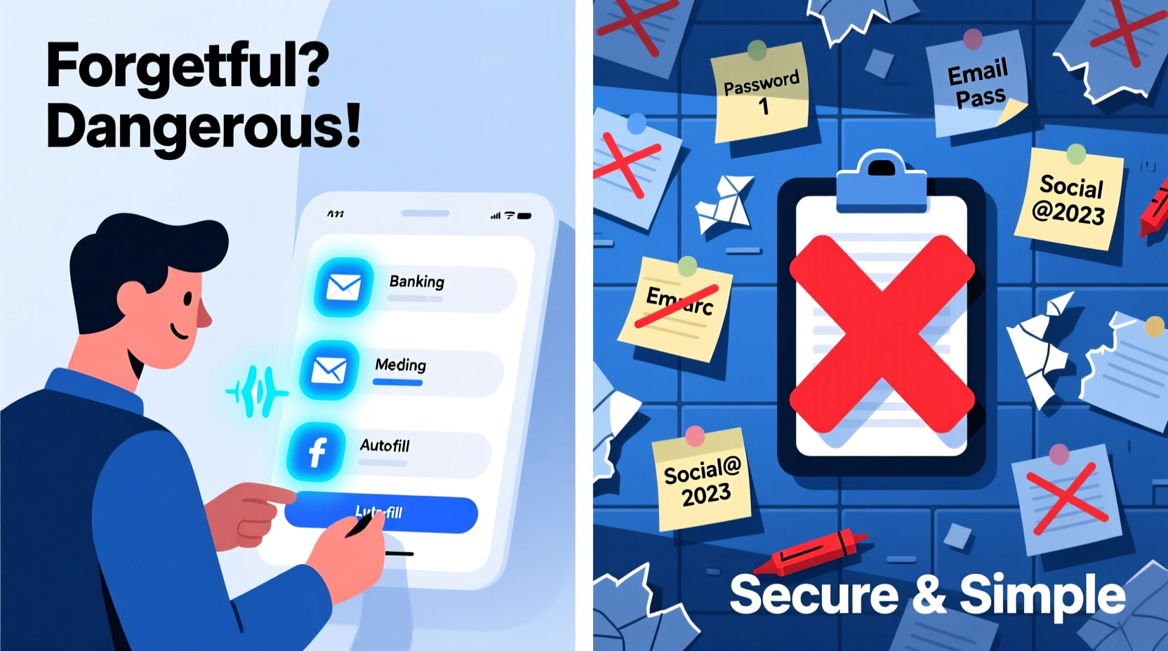 Side-by-side visual: left panel shows a person effortlessly logging into banking, email, and social media via auto-fill icons; right panel shows a cluttered sticky-note wall labeled 'Passwords' with crossed-out entries and a red 'X' over a clipboard icon