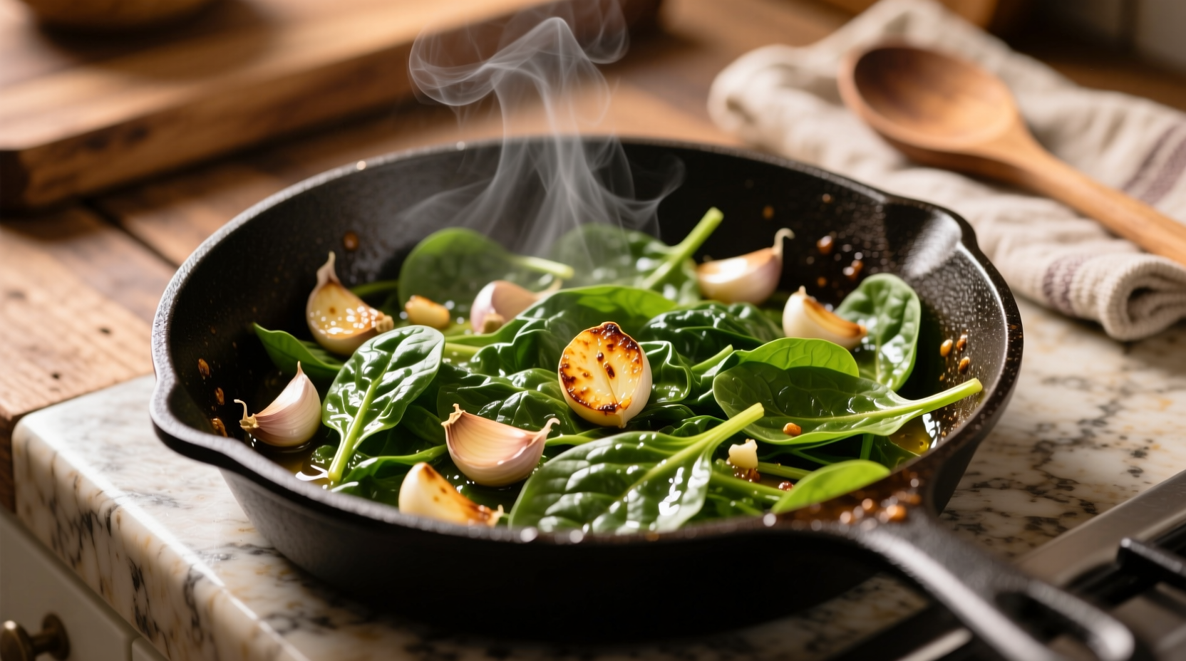 Perfectly sautéed spinach in skillet with garlic