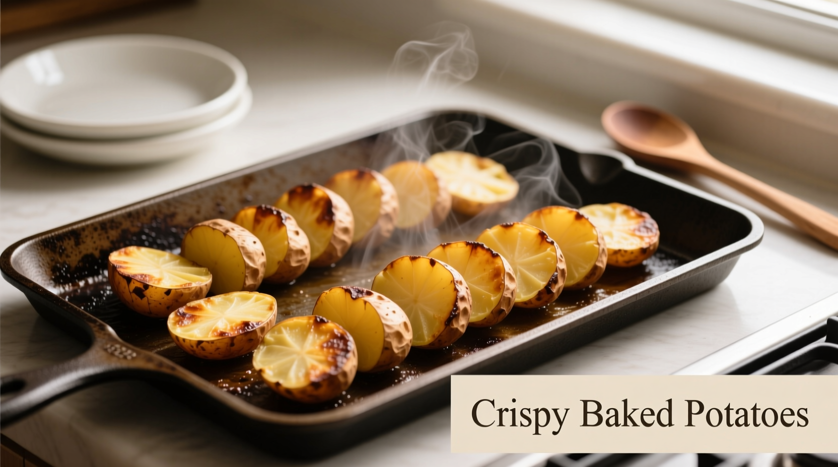 Golden brown sliced baked potatoes on baking sheet
