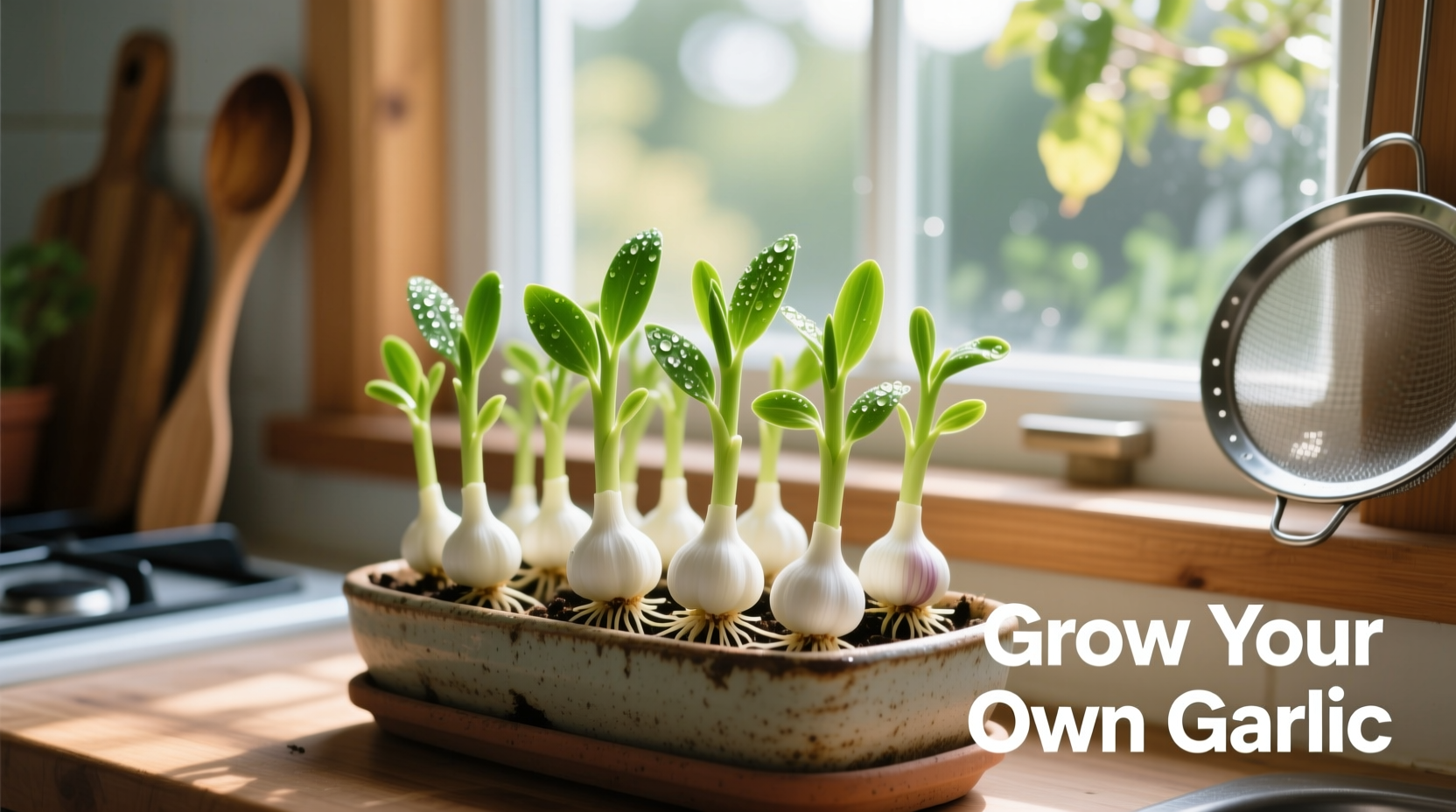 Fresh garlic sprouts growing in a kitchen window garden