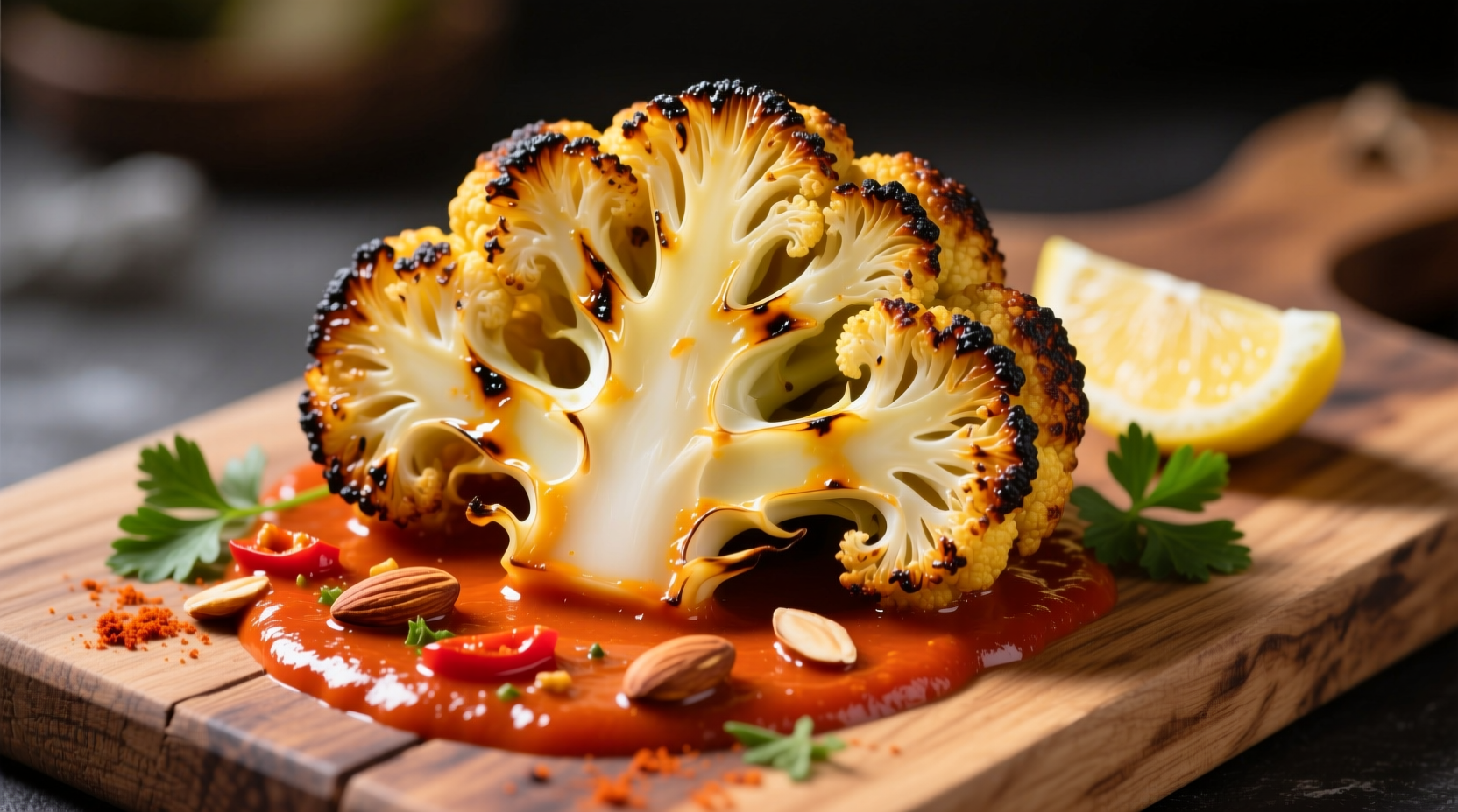 Golden roasted cauliflower with romesco sauce drizzle