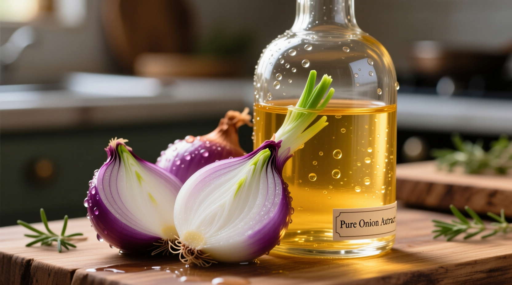 Close-up of onion extract bottle with fresh onions