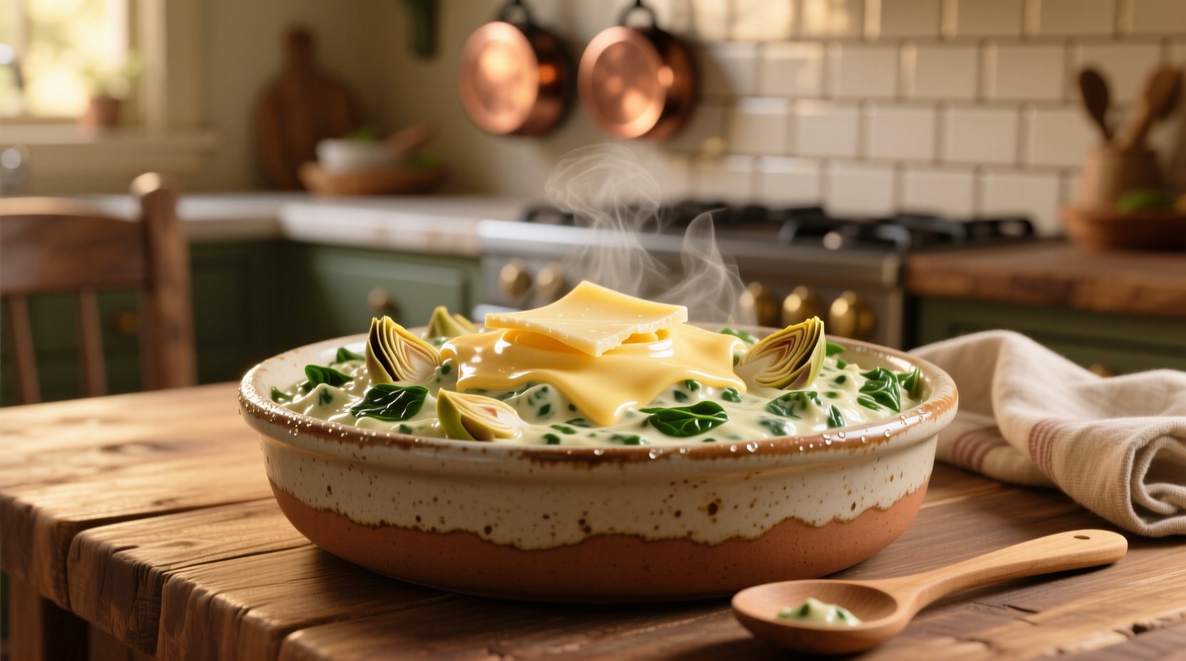 Creamy warm spinach artichoke dip in ceramic dish