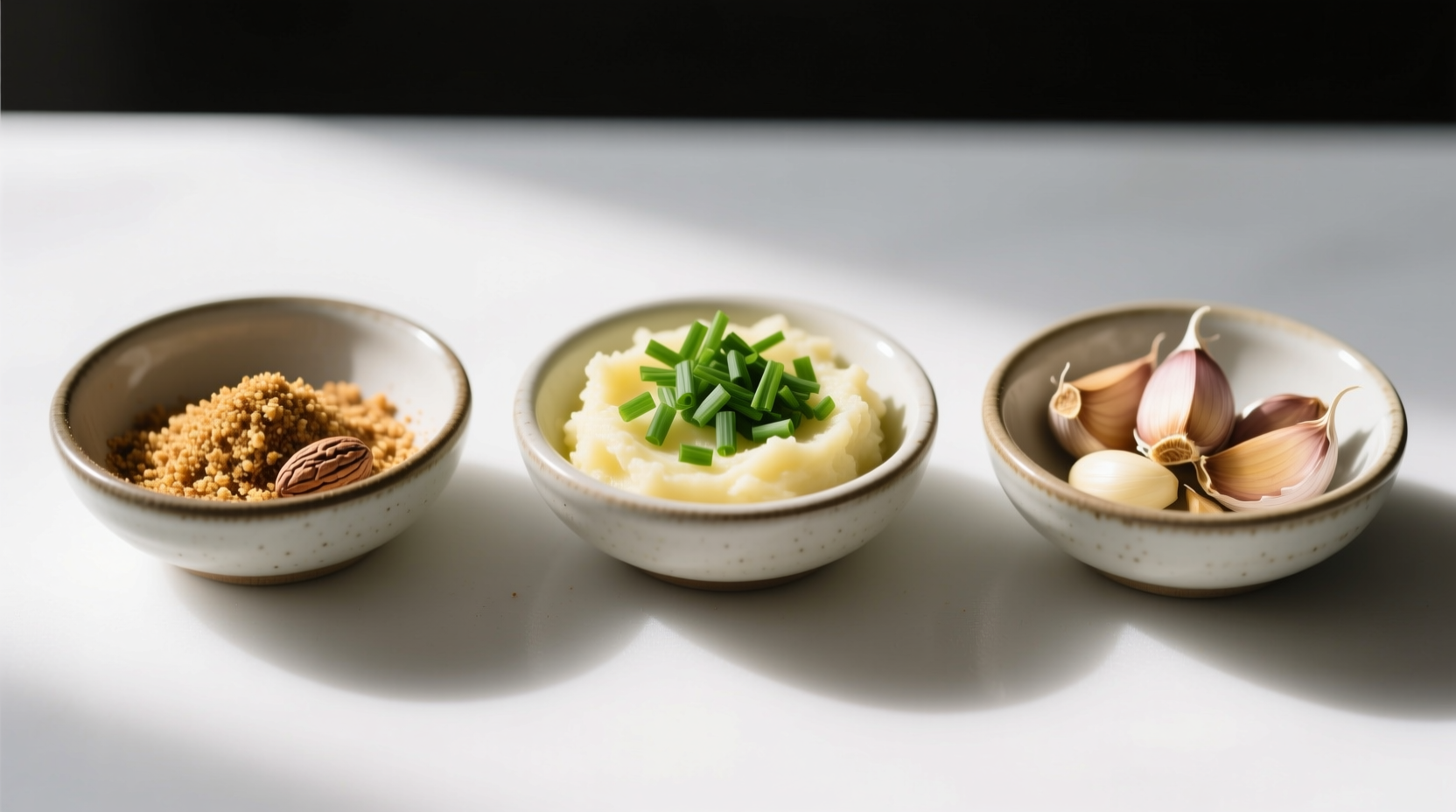 Three small bowls: one with nutmeg, one with chives, one with roasted garlic cloves for mashed potato seasoning