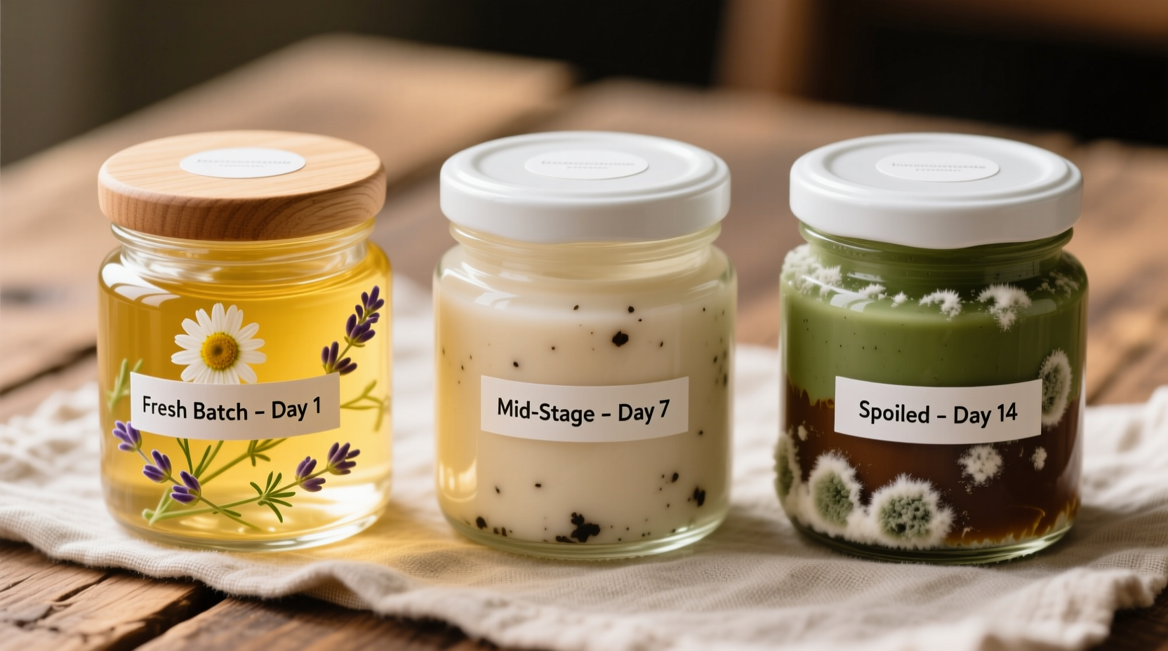 Three glass jars showing fresh vs spoiled homemade lotion comparison