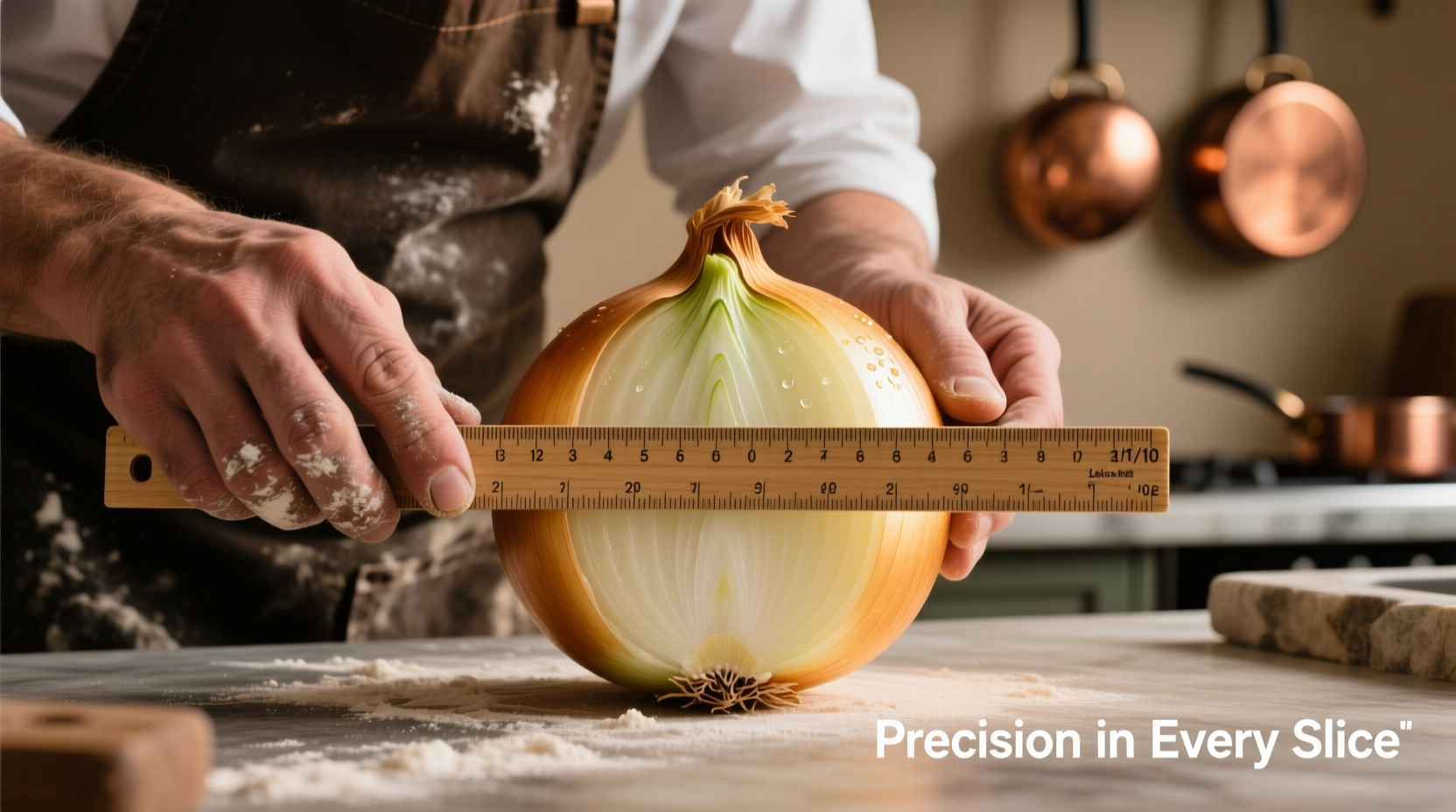 Chef measuring large onion diameter with kitchen ruler