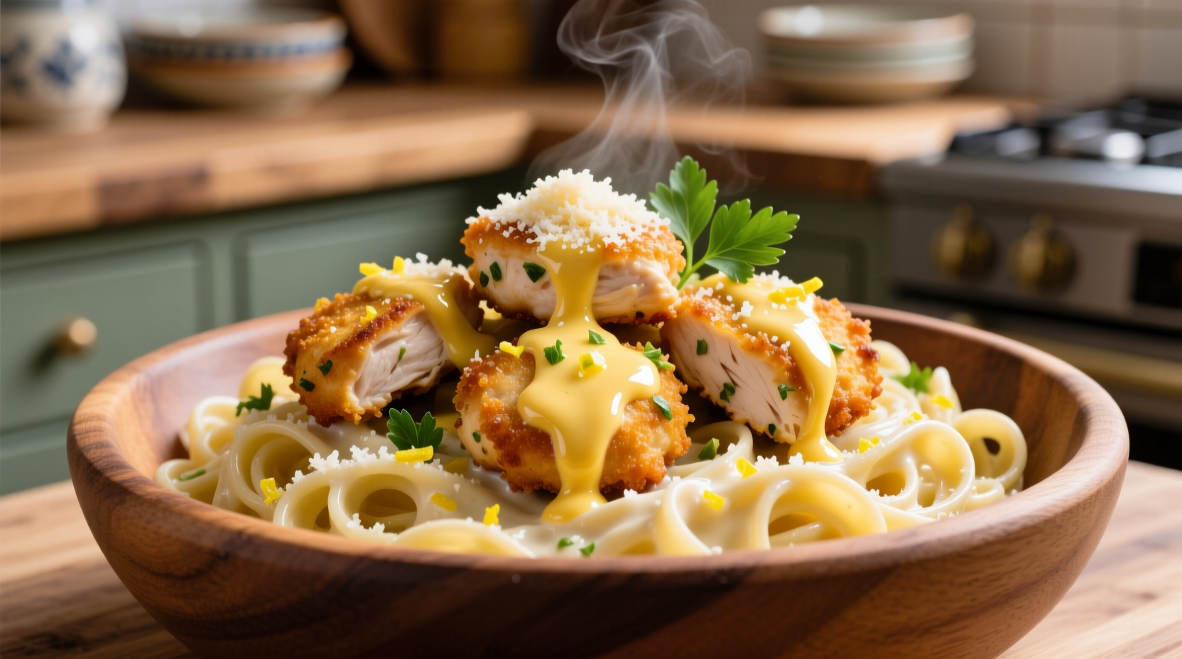 lemon garlic butter chicken bites with savory parmesan linguine