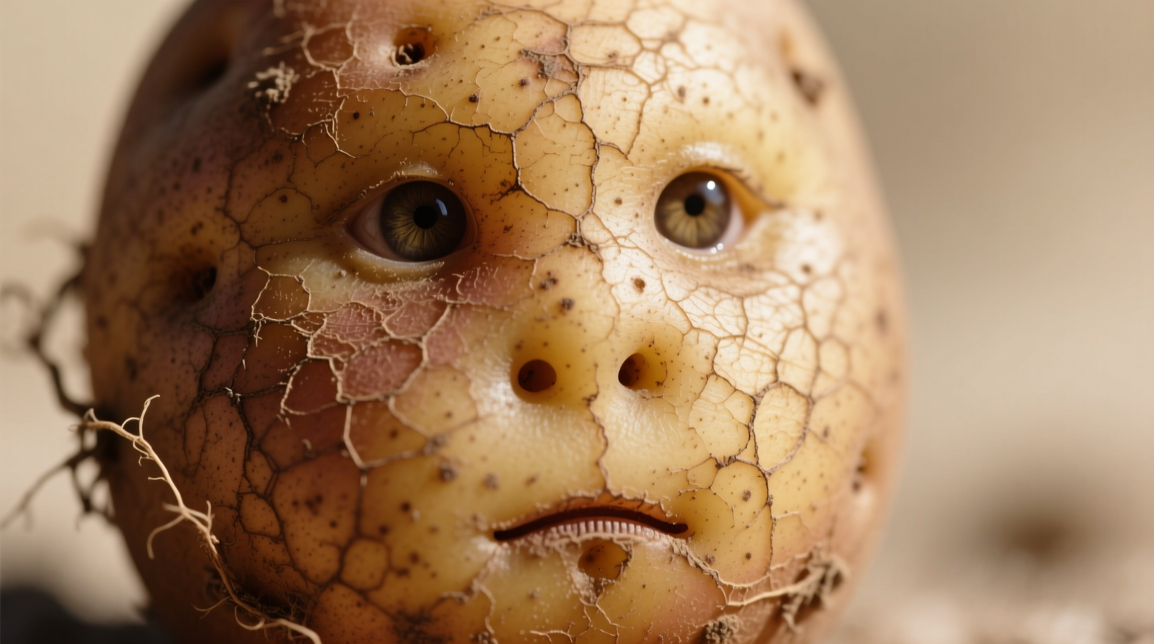 Close-up of potato showing natural face-like pattern