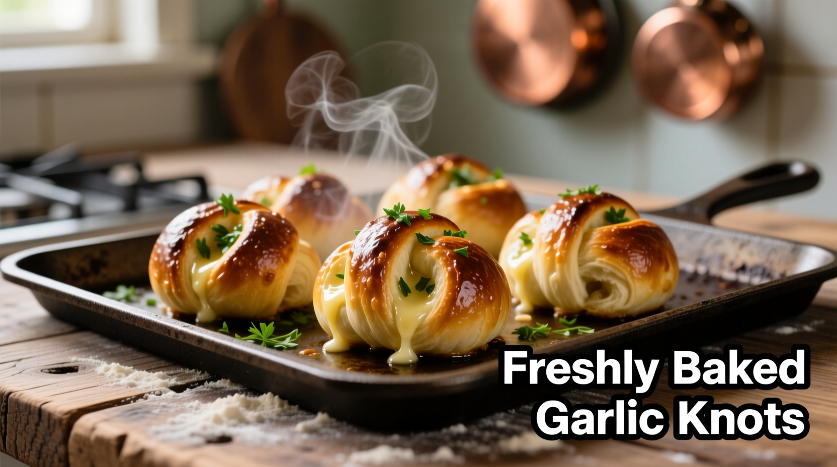 Golden brown garlic knots on baking sheet