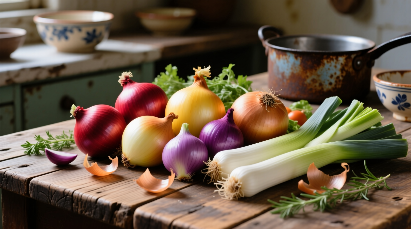 Colorful arrangement of onion family vegetables on wooden table