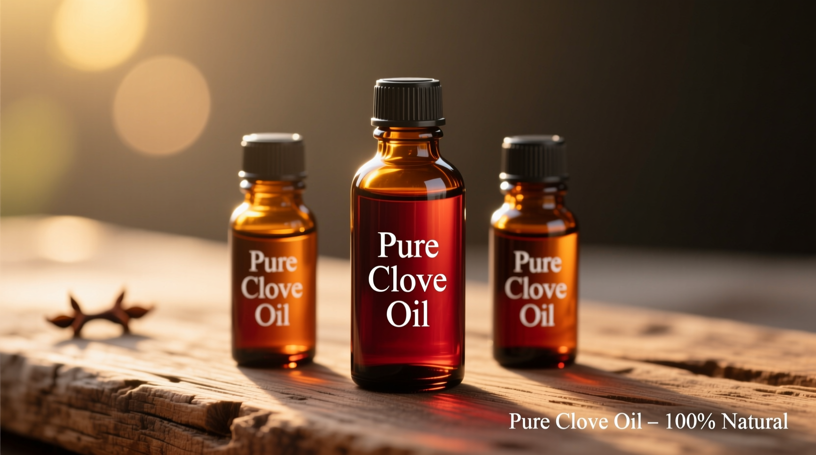 Bottles of pure clove oil on wooden surface