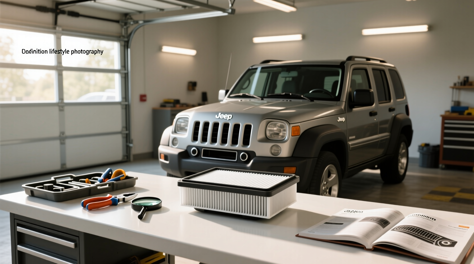 Location diagram showing cabin air filter behind glove box in Jeep Liberty