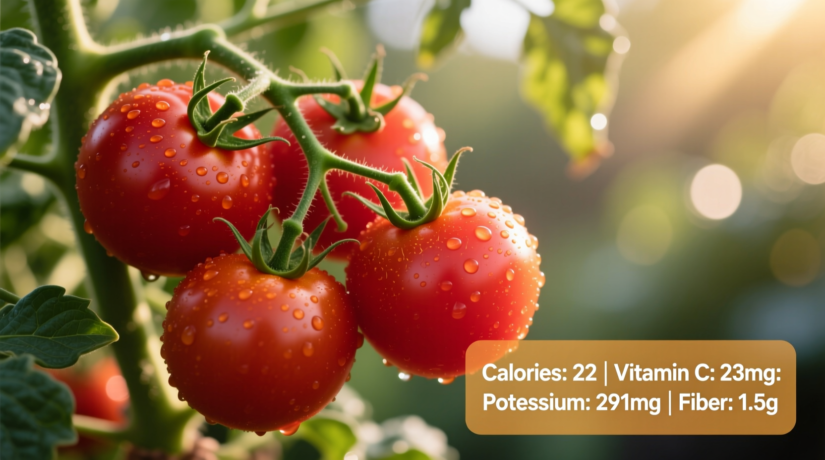 Fresh tomatoes on vine with nutritional facts