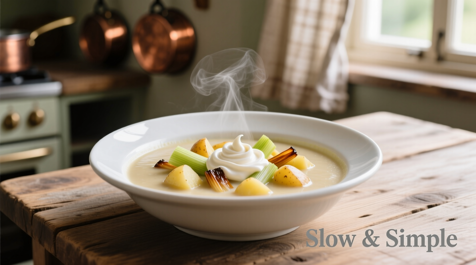 Slow cooked leek and potato soup in white bowl